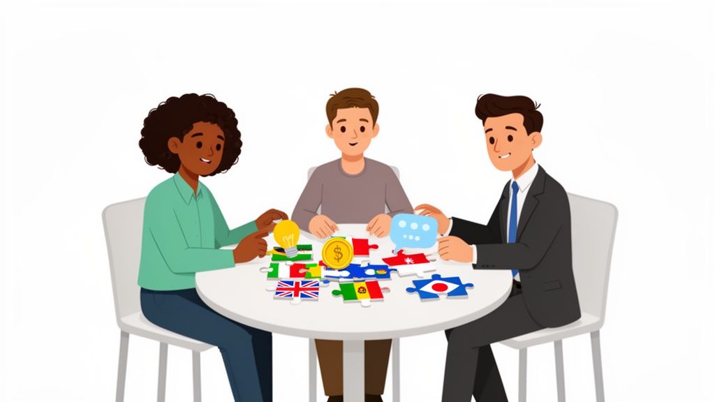 Tre persone collaborano a un tavolo con puzzle di bandiere internazionali, simboli di idee, denaro e comunicazione.