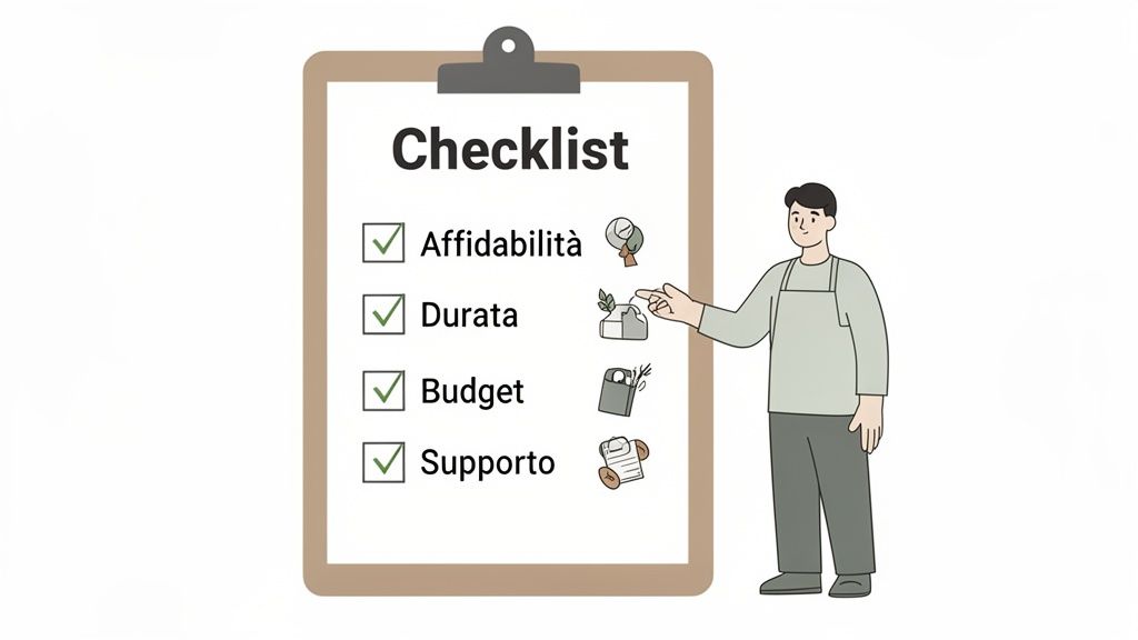 Uomo in grembiule accanto a una checklist su clipboard con elementi come Affidabilità, Durata, Budget e Supporto.
