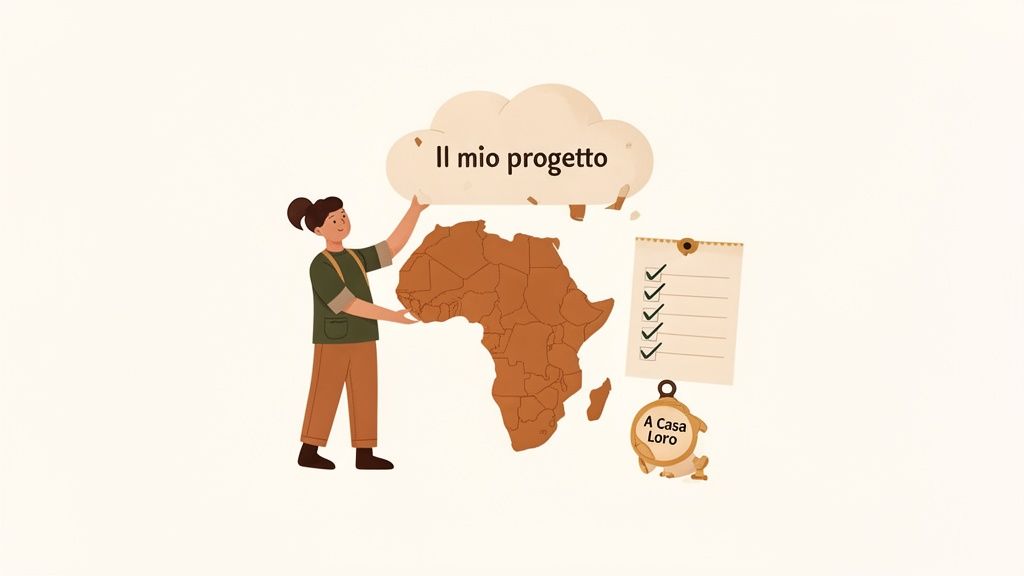 Illustrazione di una persona che presenta un progetto per l'Africa, con mappa, checklist e bussola.