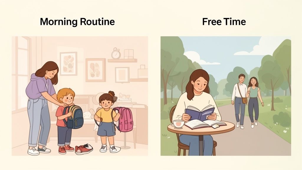 Due scene: una madre aiuta i figli a prepararsi per la scuola; una donna legge un libro all'aperto.