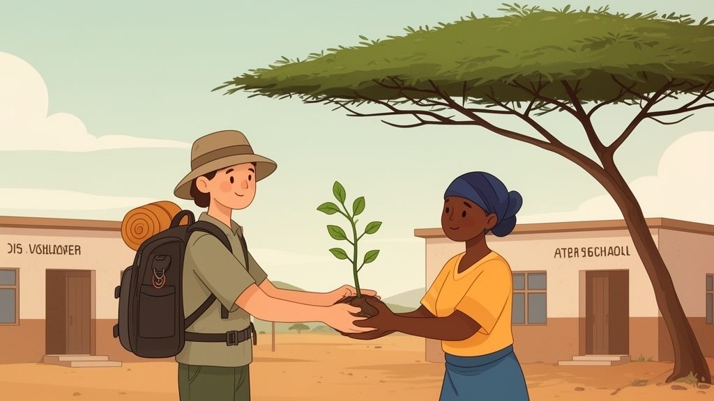 Un volontario e una donna africana si scambiano una piantina, simboleggiando la cura dell'ambiente e la collaborazione.