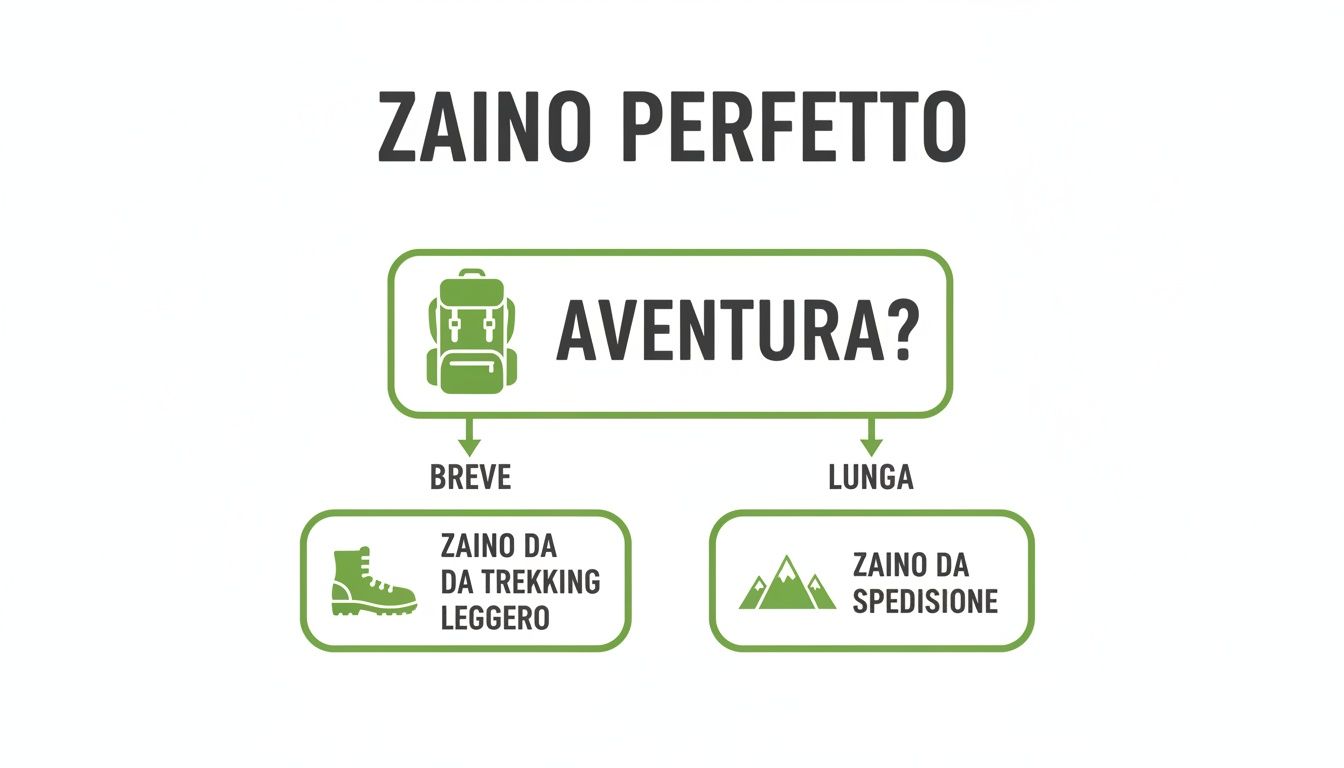 Flowchart per scegliere lo zaino perfetto: zaino da trekking leggero per avventure brevi o zaino da spedizione per avventure lunghe.