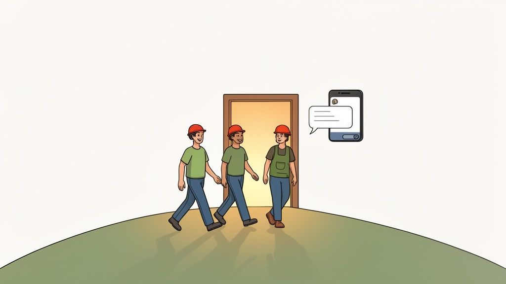 Illustrazione di tre operai edili con elmetti che escono da una porta, vicino a uno smartphone con messaggio.