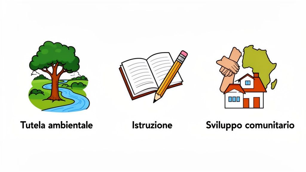 Tre icone che rappresentano la tutela ambientale, l'istruzione e lo sviluppo comunitario con testi descrittivi.