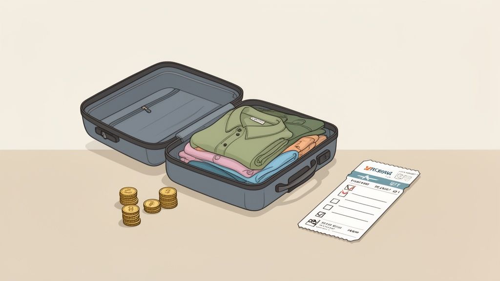 Una valigia aperta con vestiti piegati, pile di monete e una lista di controllo per la preparazione di un viaggio.