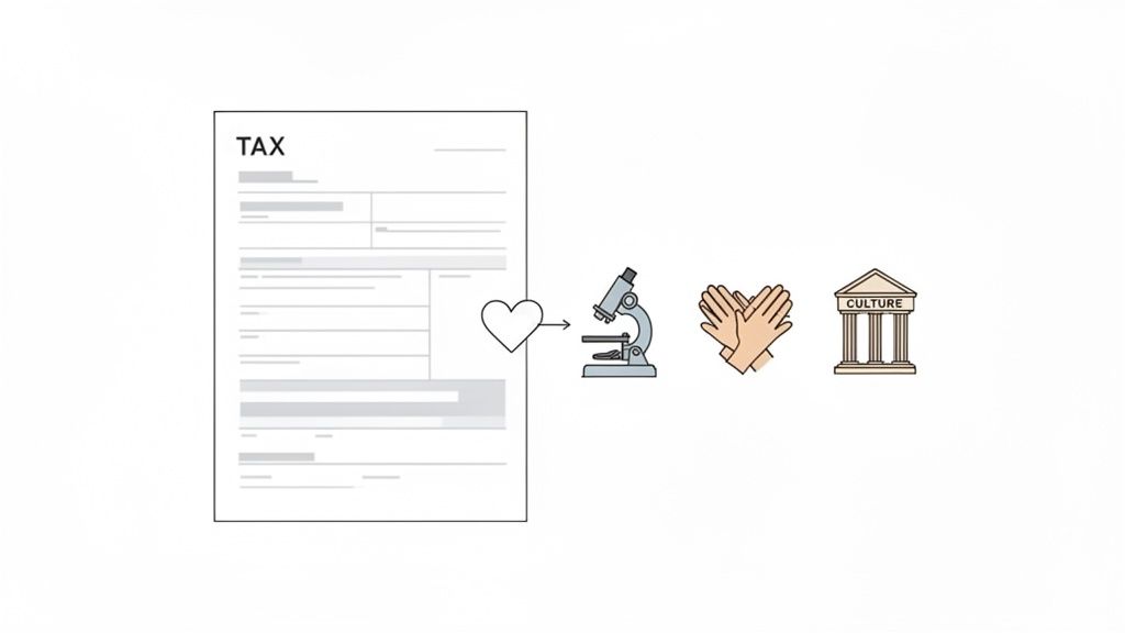 Un documento fiscale con icone che simboleggiano la ricerca scientifica, il volontariato e i beni culturali per il 5 per mille.