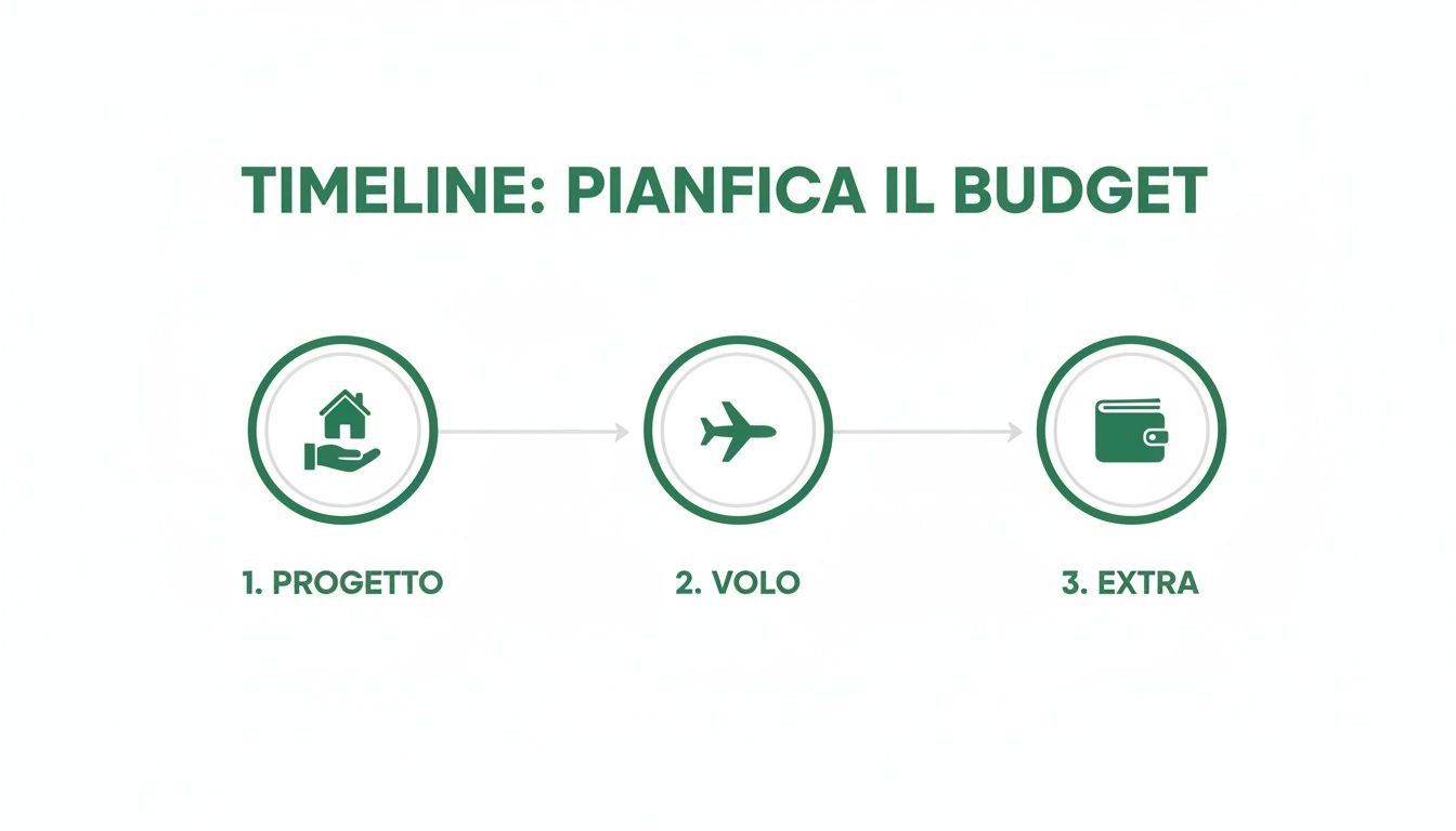 Timeline visiva in italiano per la pianificazione del budget, con icone per progetto, volo ed extra.