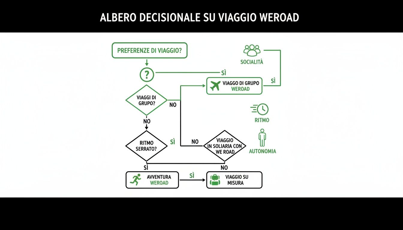 Albero decisionale WeRoad: guida alla scelta del viaggio ideale tra gruppo, solitaria, avventura o su misura.