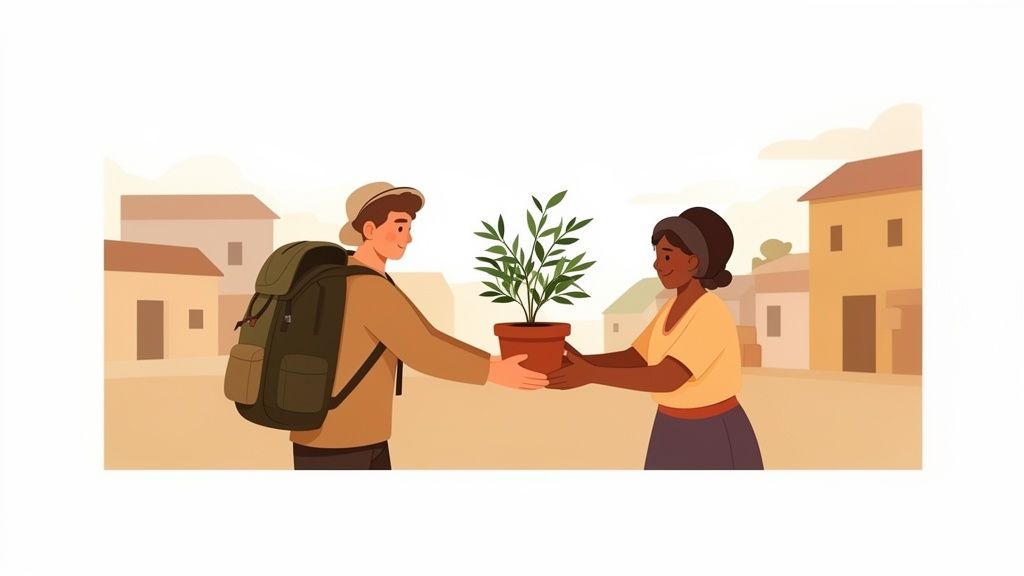 Un uomo con zaino e una donna si scambiano una pianta in vaso, sorridendo in un villaggio.