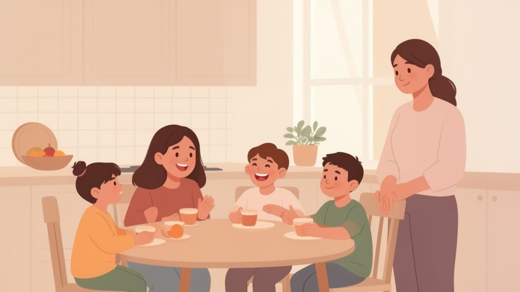 Famiglia felice con mamma e quattro bambini che bevono a tavola in una luminosa cucina.