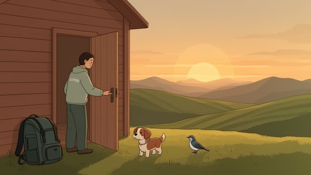 Una persona volontaria apre la porta di un capanno, con uno zaino, un cane e un uccello sull'erba al tramonto tra le colline.