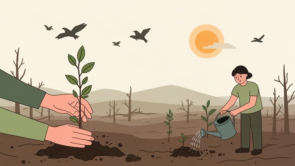 Due persone piantano e innaffiano alberi in un paesaggio deforestato con il sole e gli uccelli.
