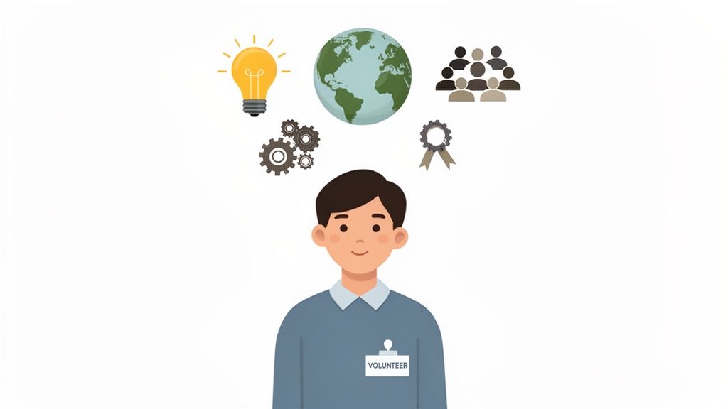 Un volontario sorridente con icone che rappresentano creatività, impatto globale, lavoro di squadra e riconoscimento.