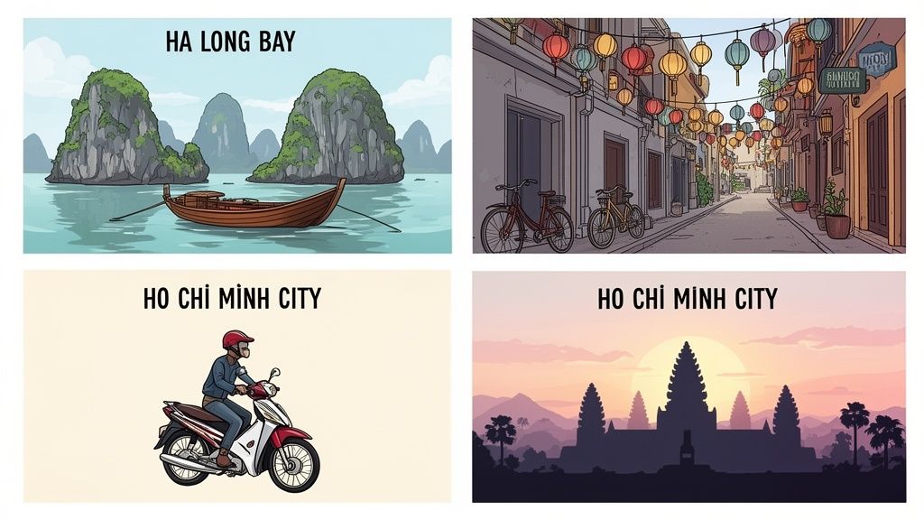 Quattro immagini di viaggio: la baia di Ha Long, una strada di Hoi An, un motociclista a Ho Chi Minh e un tempio cambogiano.