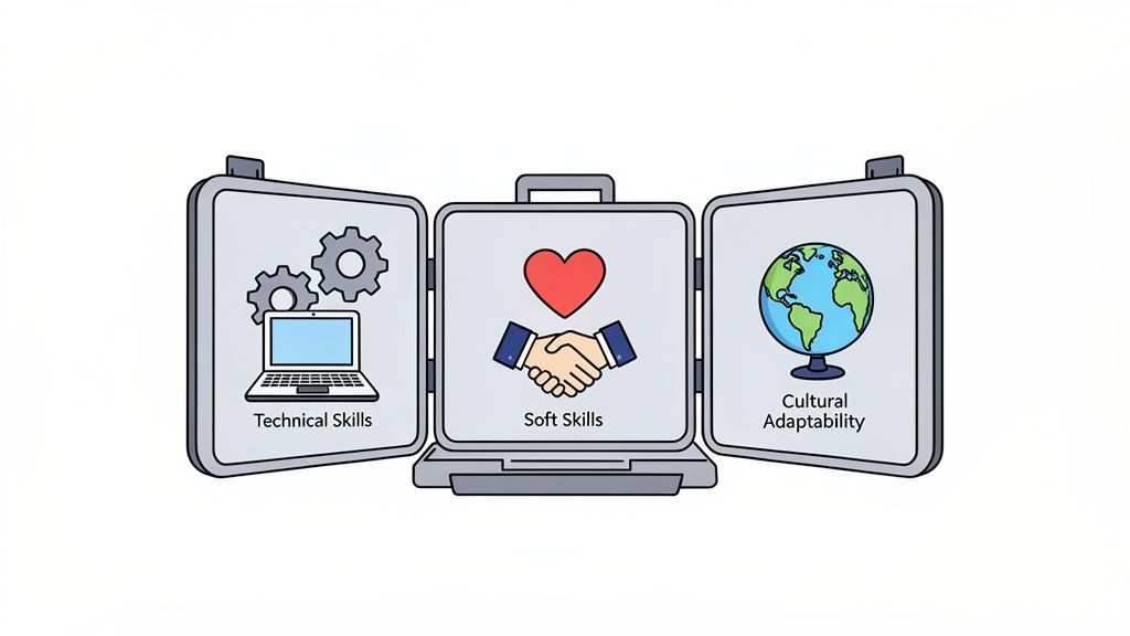 Un'immagine mostra tre competenze professionali essenziali: abilità tecniche, soft skills e adattabilità culturale.