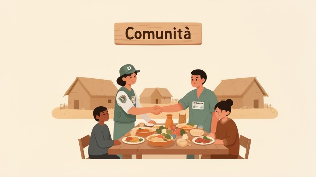 Una volontaria e un uomo locale si stringono la mano mentre una famiglia si siede a tavola in un ambiente comunitario.