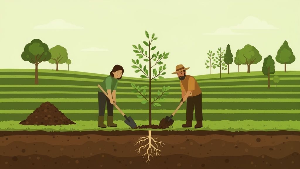 Due persone piantano un albero con radici visibili nel terreno fertile, in un paesaggio collinare verde.