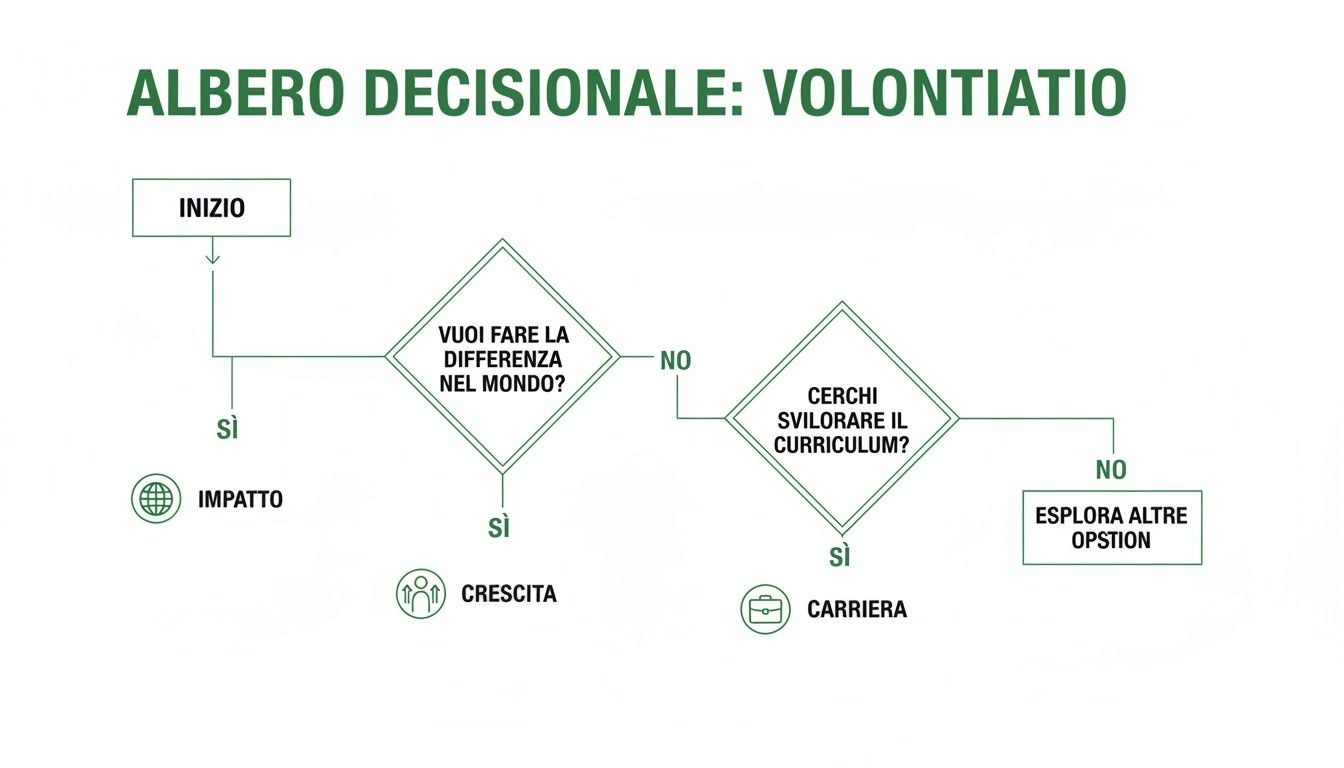 Albero decisionale sul volontariato che illustra percorsi motivazionali legati a impatto, crescita e carriera.