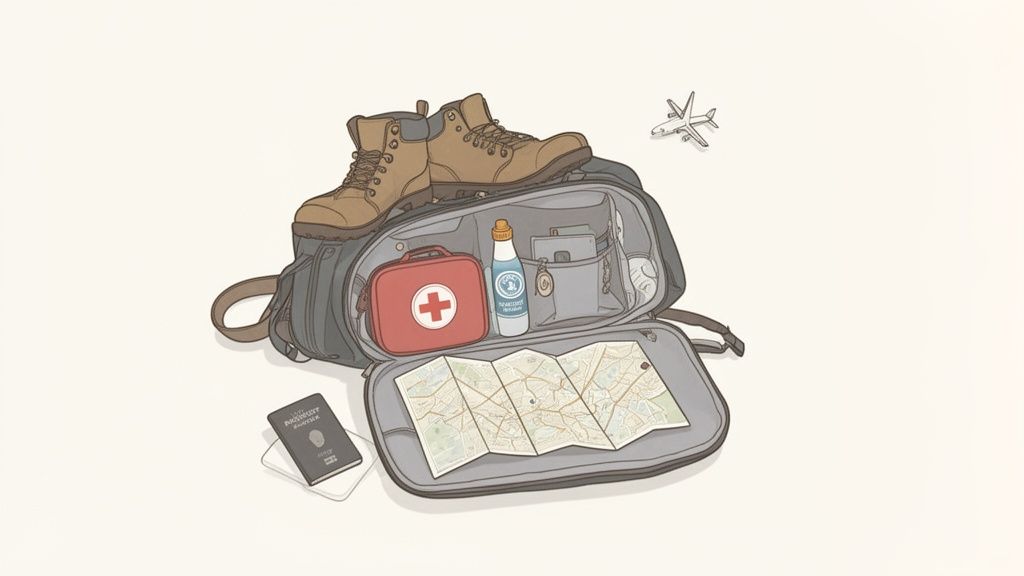 Una borsa da viaggio aperta con stivali da trekking, kit di pronto soccorso, mappa e passaporto.