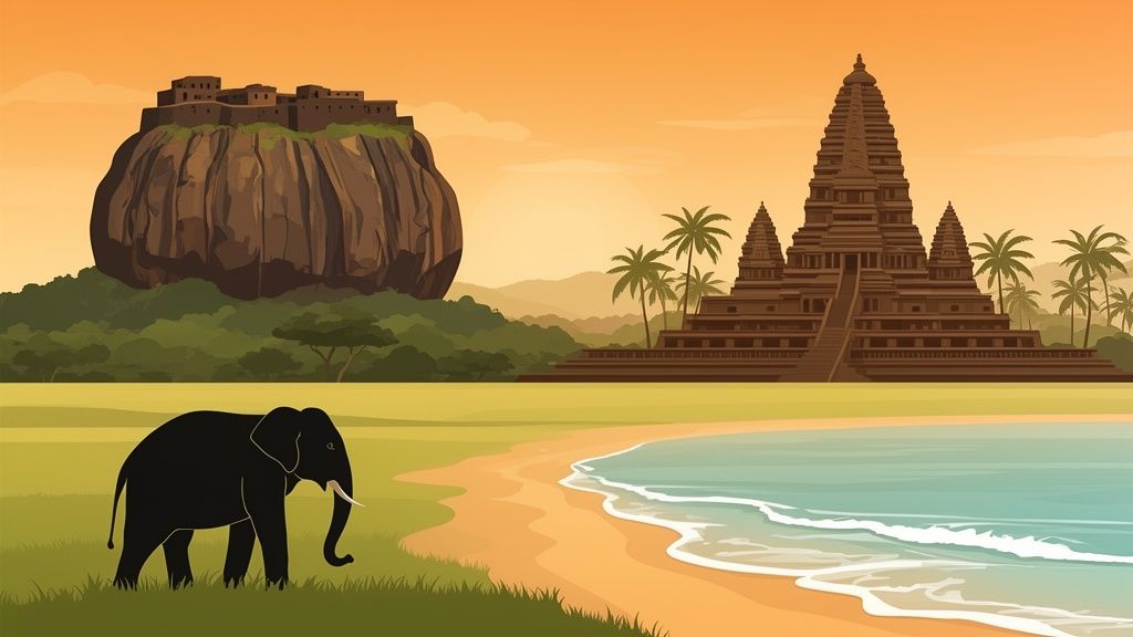 Un paesaggio tropicale con un elefante, un tempio antico, una città su una roccia e una spiaggia.
