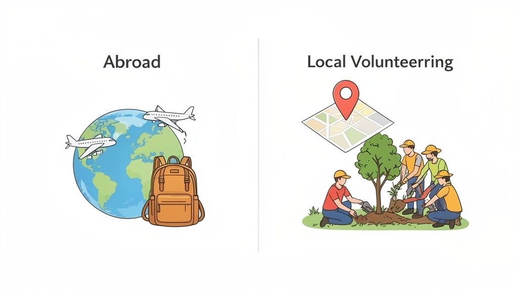 Un'illustrazione che confronta il viaggio all'estero con il volontariato locale per la piantumazione di alberi.