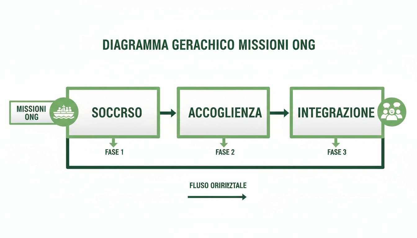 Illustrazione schematica delle fasi delle missioni ONG: dal soccorso all'accoglienza e integrazione, con flusso orizzontale.