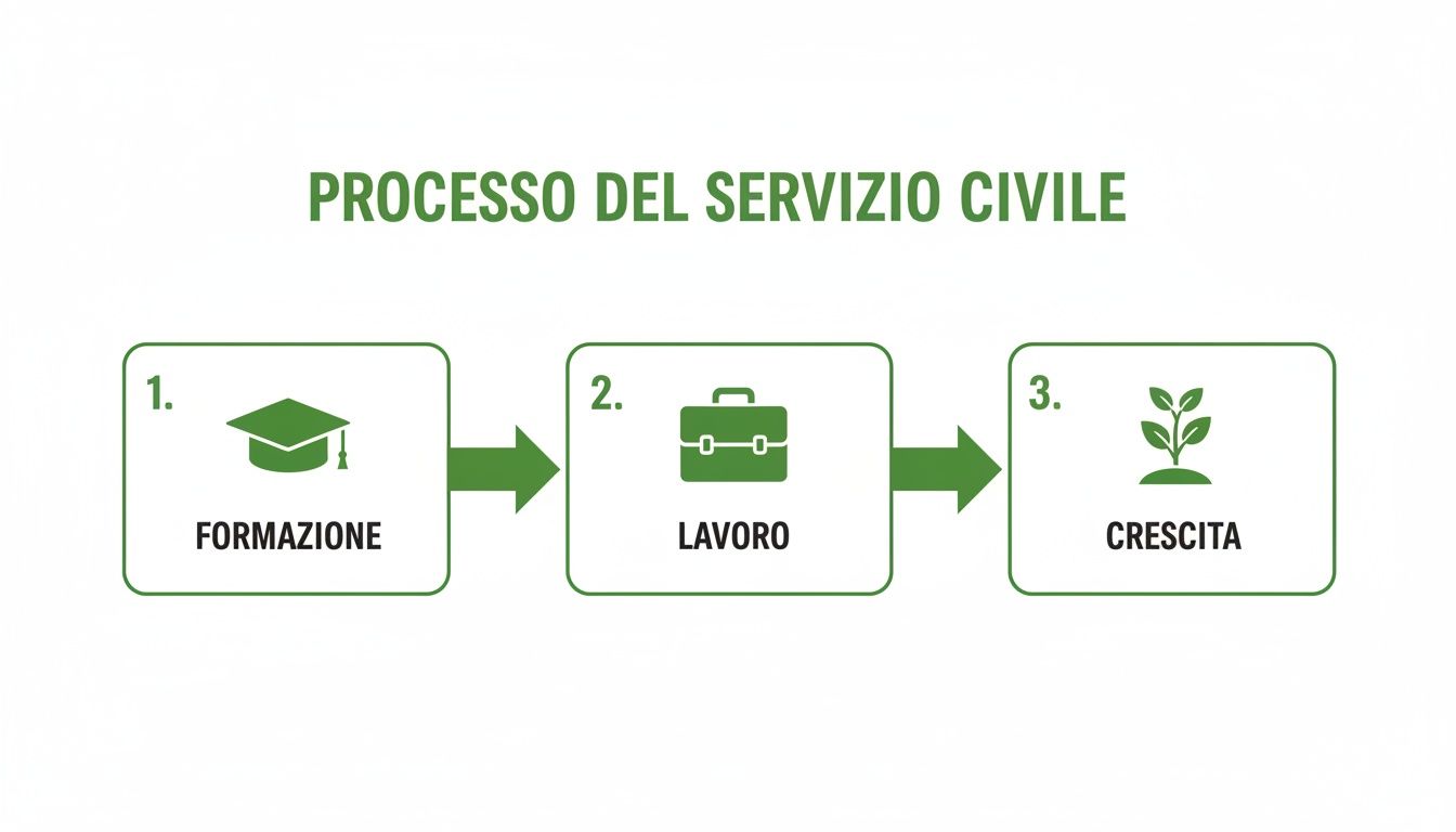 L'immagine illustra il processo del Servizio Civile: formazione con cappello, lavoro con valigetta e crescita con pianta.