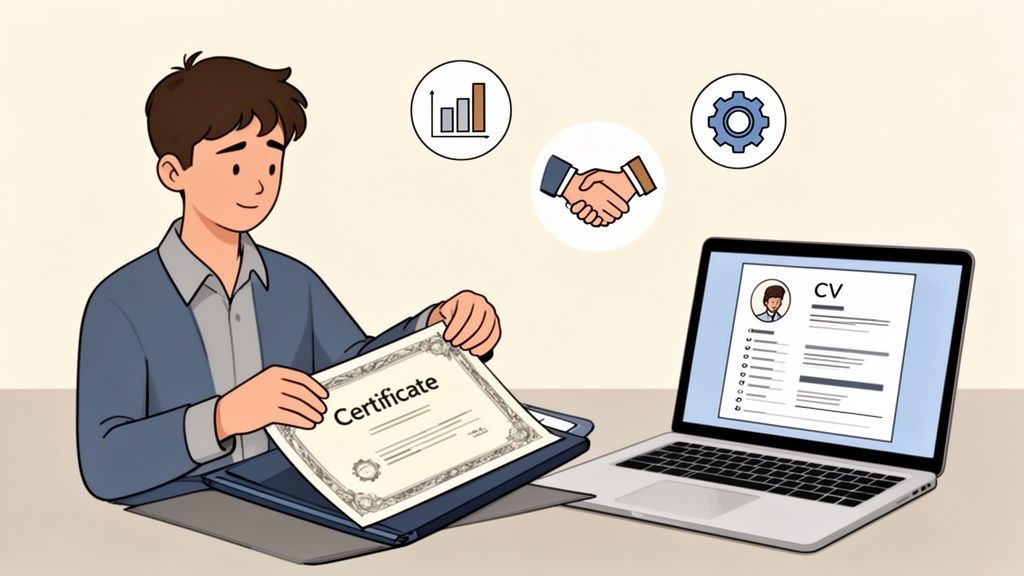 Un giovane con un certificato esamina un laptop che mostra un CV, con icone di crescita e partnership.
