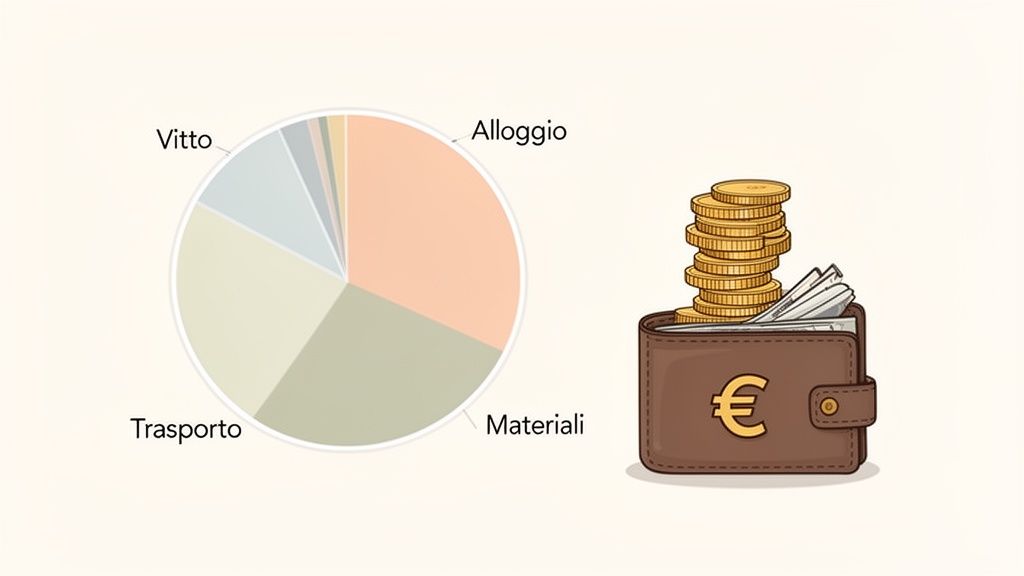 Grafico a torta che mostra le spese per alloggio, materiali, trasporto e vitto, accanto a un portafoglio pieno di denaro.