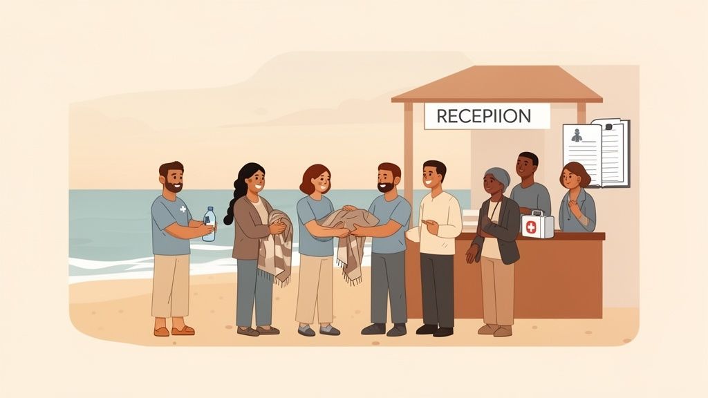 Operatori di un'ONG su una spiaggia assistono persone, distribuendo acqua e coperte a un punto di accoglienza.