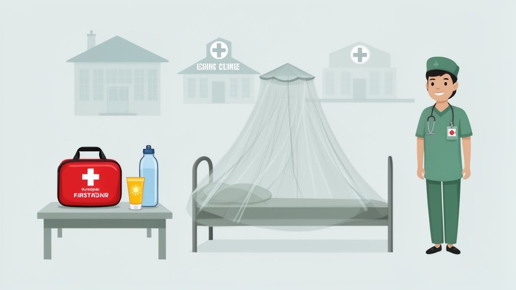 Illustrazione di un infermiere, un letto con zanzariera, kit di pronto soccorso, acqua e crema solare, con edifici medici sullo sfondo.