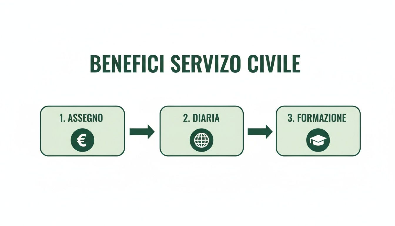 Rappresentazione visiva dei benefici del Servizio Civile, includendo assegno economico, diaria e formazione professionale.