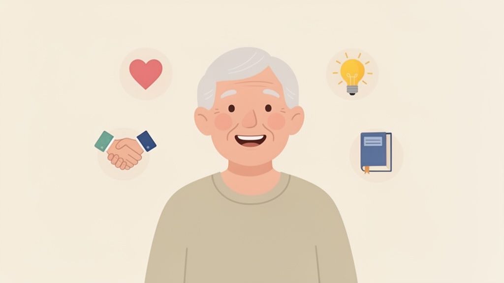 Illustrazione di un anziano sorridente circondato da simboli di benessere, saggezza e impegno.