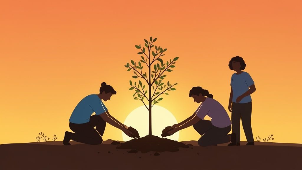 Tre persone piantano un albero al tramonto, due inginocchiate mentre una guarda. Scena di riforestazione.