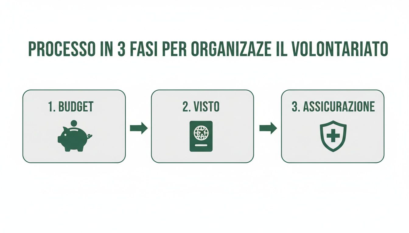 Diagramma del processo in 3 fasi per organizzare il volontariato: budget, visto e assicurazione.