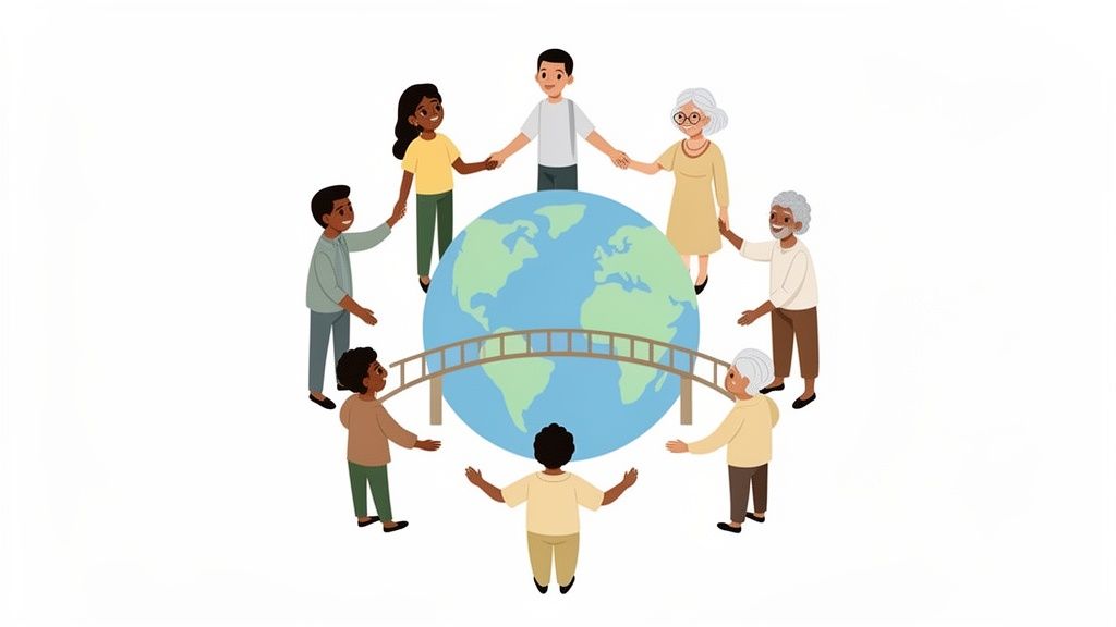 Un gruppo multiculturale di persone di ogni età si tiene per mano attorno al mondo con un ponte, simbolo di unità globale.