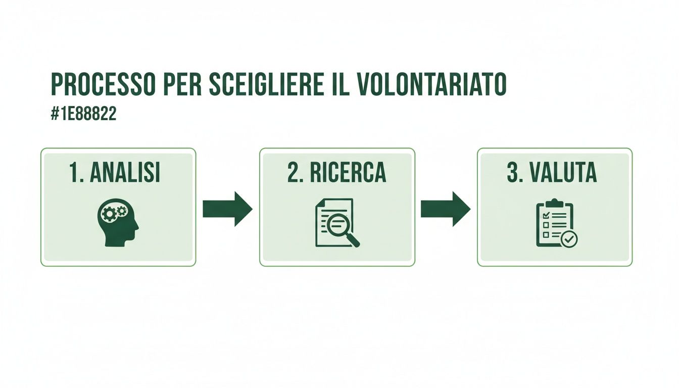 Diagramma di flusso in 3 passaggi per scegliere il volontariato: Analisi, Ricerca e Valutazione.