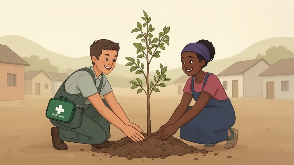 Due volontari sorridenti, un uomo e una donna, piantano un albero con cura, con case sullo sfondo.
