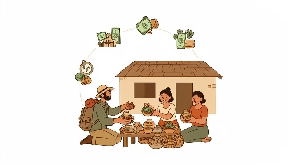 Illustrazione di persone che scambiano prodotti locali, con simboli di economia circolare, denaro e natura.