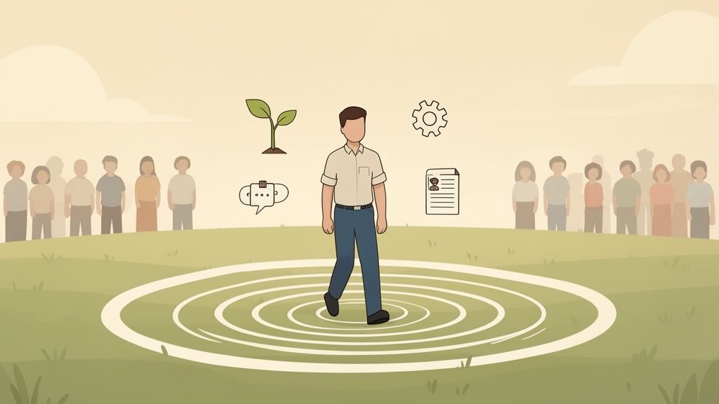 Uomo al centro di un cerchio, circondato da icone di crescita, comunicazione, lavoro e documentazione, con persone sullo sfondo.