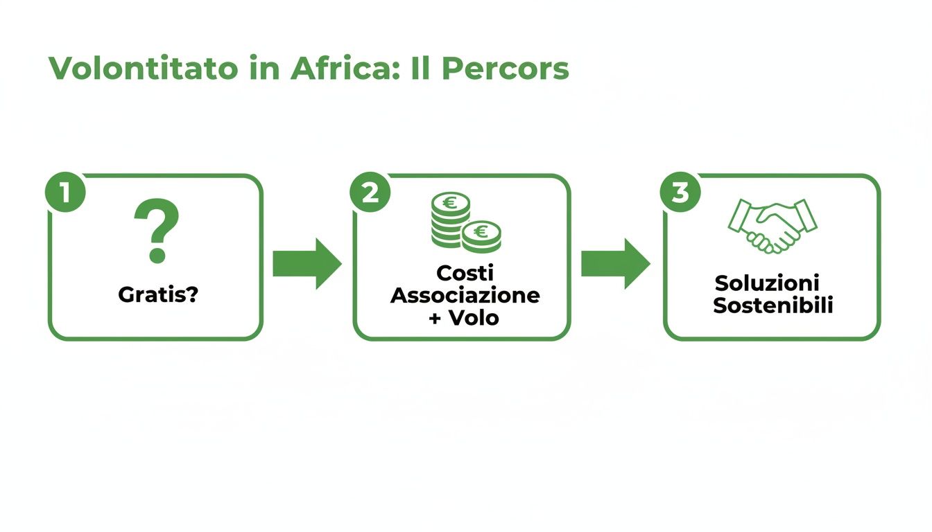 Diagramma di flusso che illustra il percorso del volontariato in Africa: da 'Gratis?' a 'Costi Associazione + Volo' e 'Soluzioni Sostenibili'.
