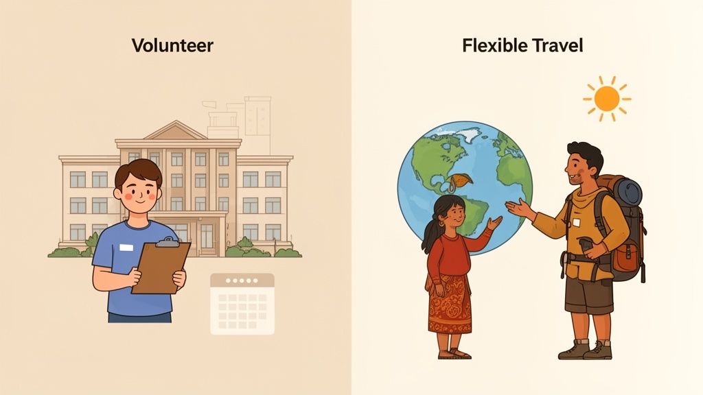 Illustrazione di un giovane volontario davanti a un edificio e viaggiatori con un mappamondo, rappresentando due opportunità.