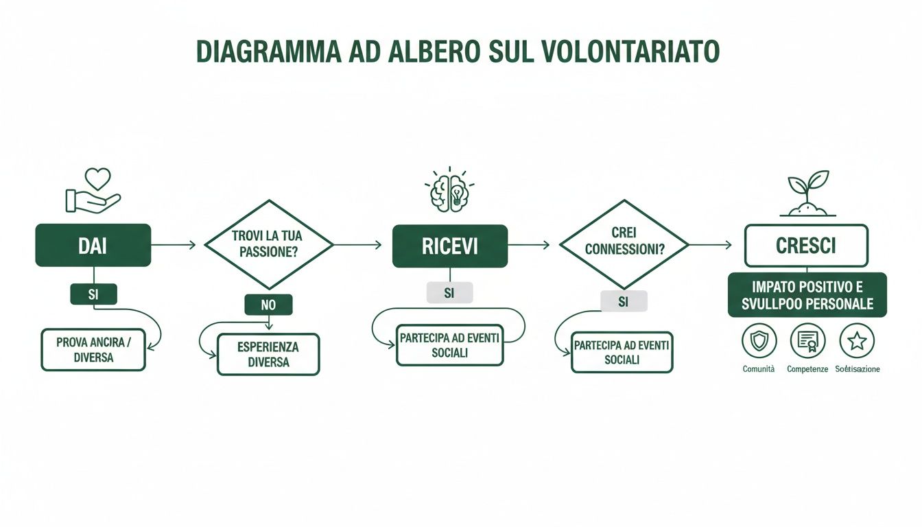Diagramma ad albero che illustra il percorso del volontariato, dalla donazione alla crescita personale e impatto sociale.