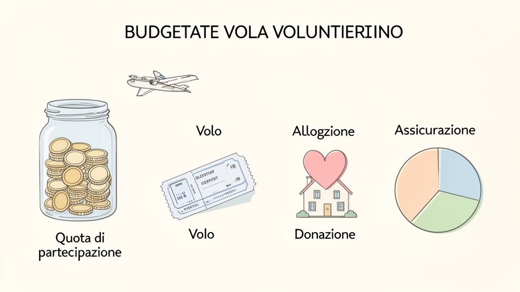 Immagine che illustra il budget per un volontariato, con costi per partecipazione, volo, alloggio e assicurazione.