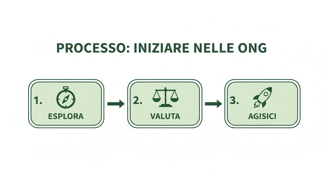 Diagramma di flusso che illustra il processo per iniziare a lavorare nelle ONG in tre passi: Esplora, Valuta, Agisci.