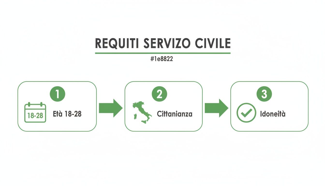 Grafico che illustra i requisiti essenziali per il Servizio Civile: età 18-28, cittadinanza italiana e idoneità.