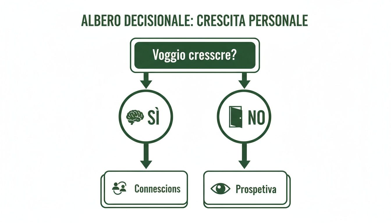 Diagramma ad albero decisionale sulla crescita personale, che guida attraverso le scelte con risultati diversi.