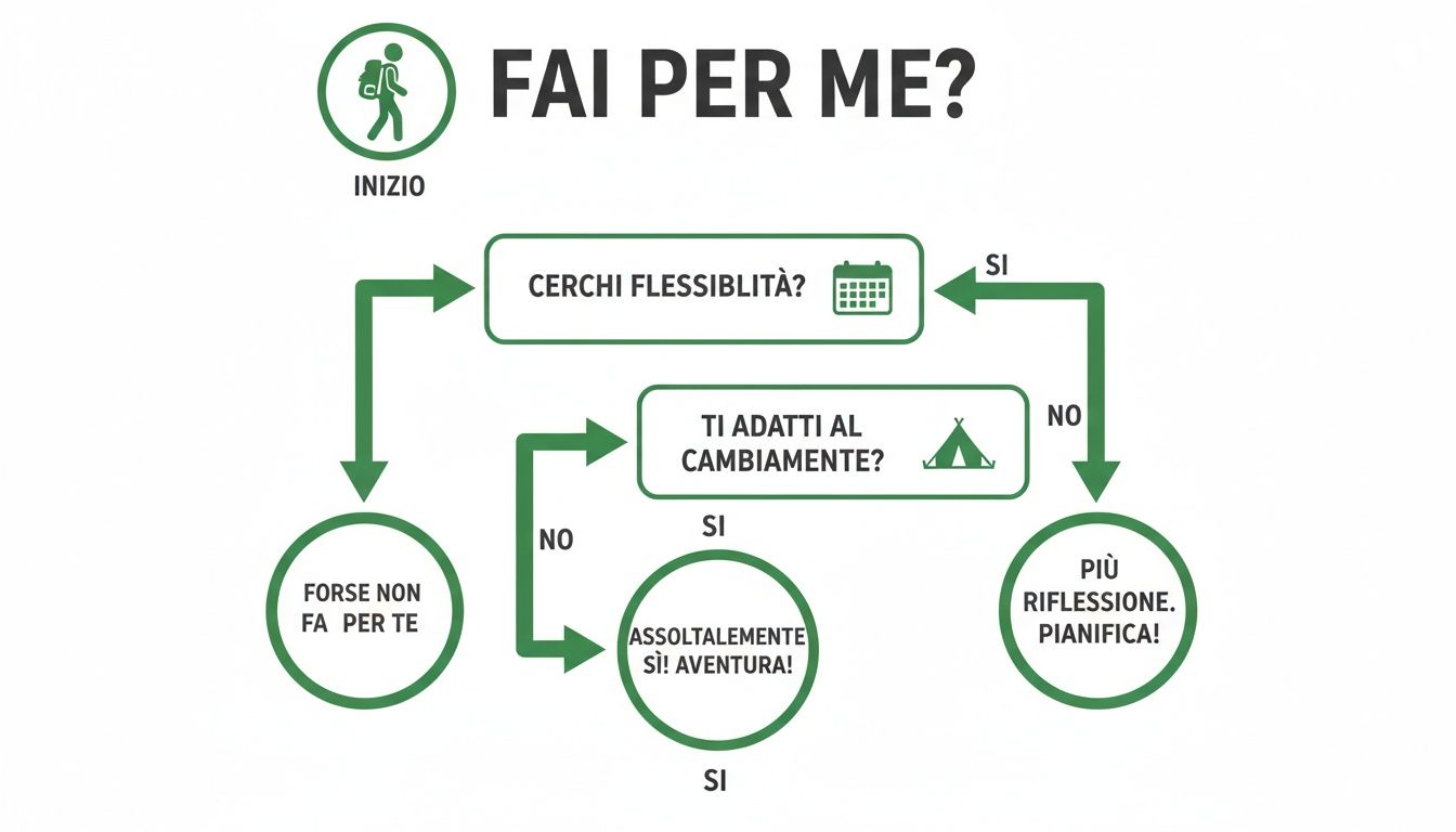 Diagramma di flusso per autovalutazione: 'Fai per me?' Valuta flessibilità e adattamento all'avventura.