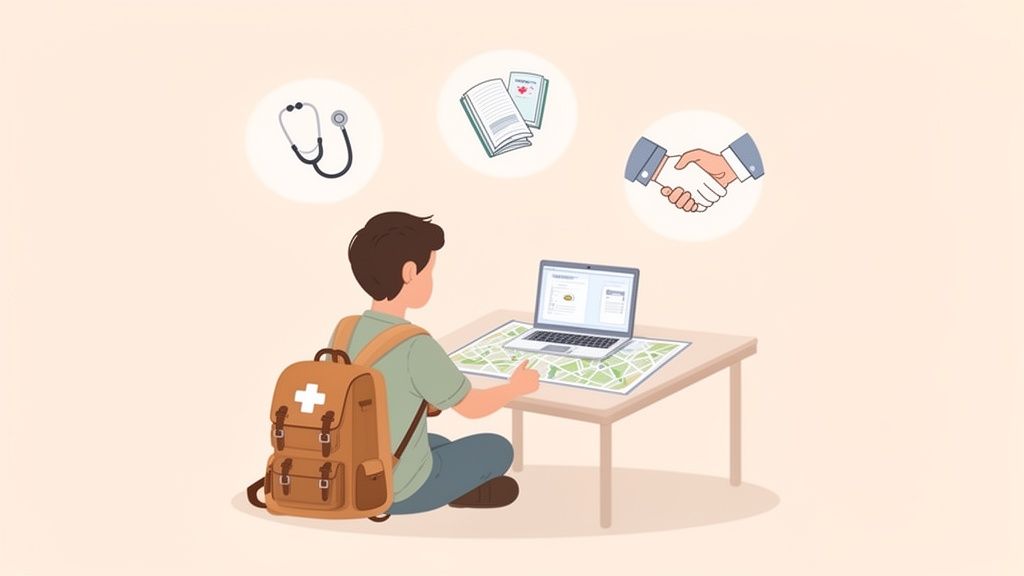 Un ragazzo con uno zaino studia una mappa e un laptop, con icone di stetoscopio, documenti e stretta di mano.