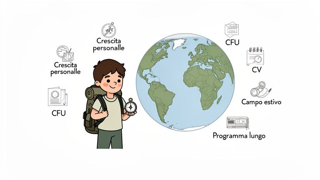Illustrazione di un ragazzo con zaino e bussola accanto al globo, simboleggiando opportunità di crescita personale e accademica all'estero.